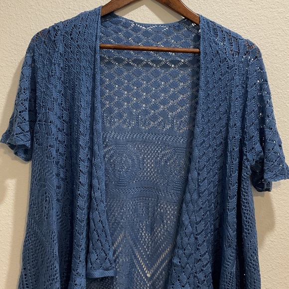 ONE WORLD Blue Open-Front Knit Cardigan with Fringe - Picture 1 of 8